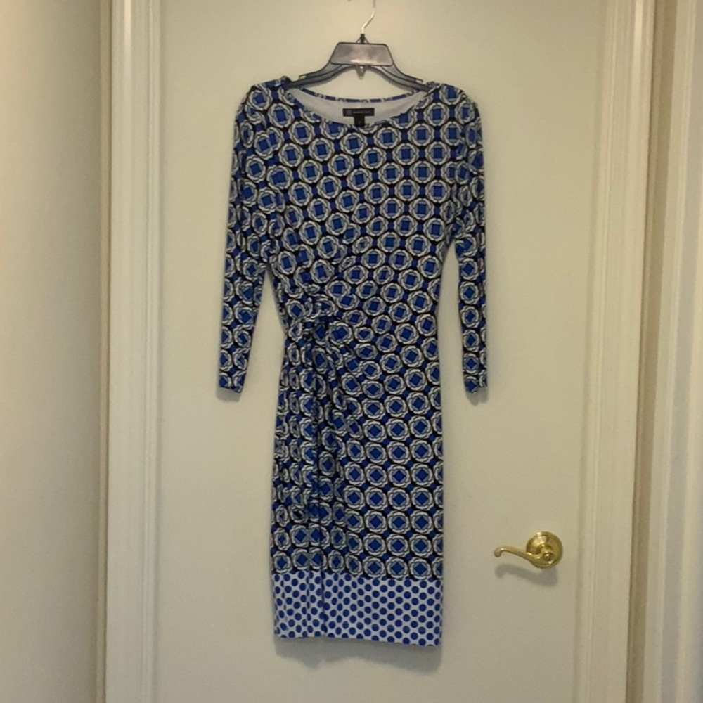 INC Blue Geometric Print LS Faux Wrap Dress size 10